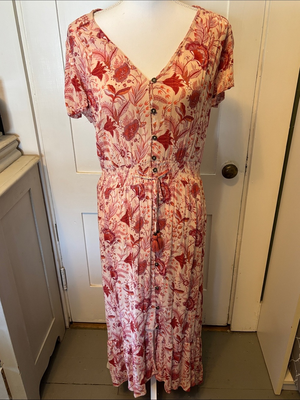 Knox Rose Cream and Red Floral Button-Front Maxi